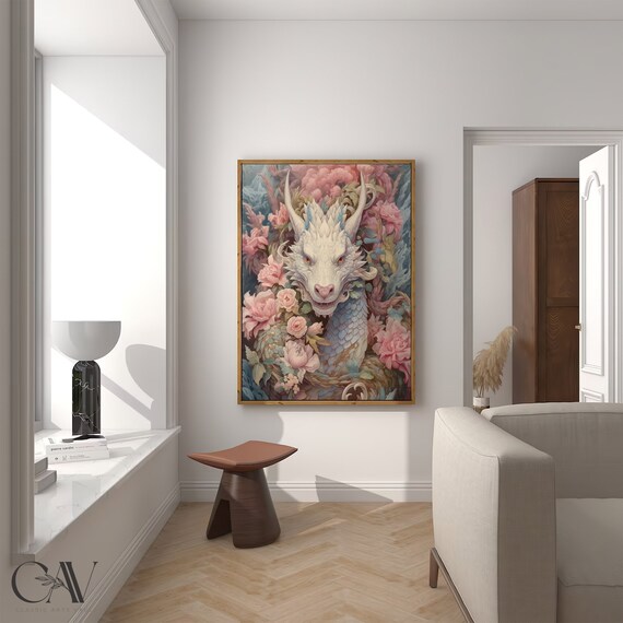 White Dragon Among Pink Peonies Coquette Rococo Fantasy Poster