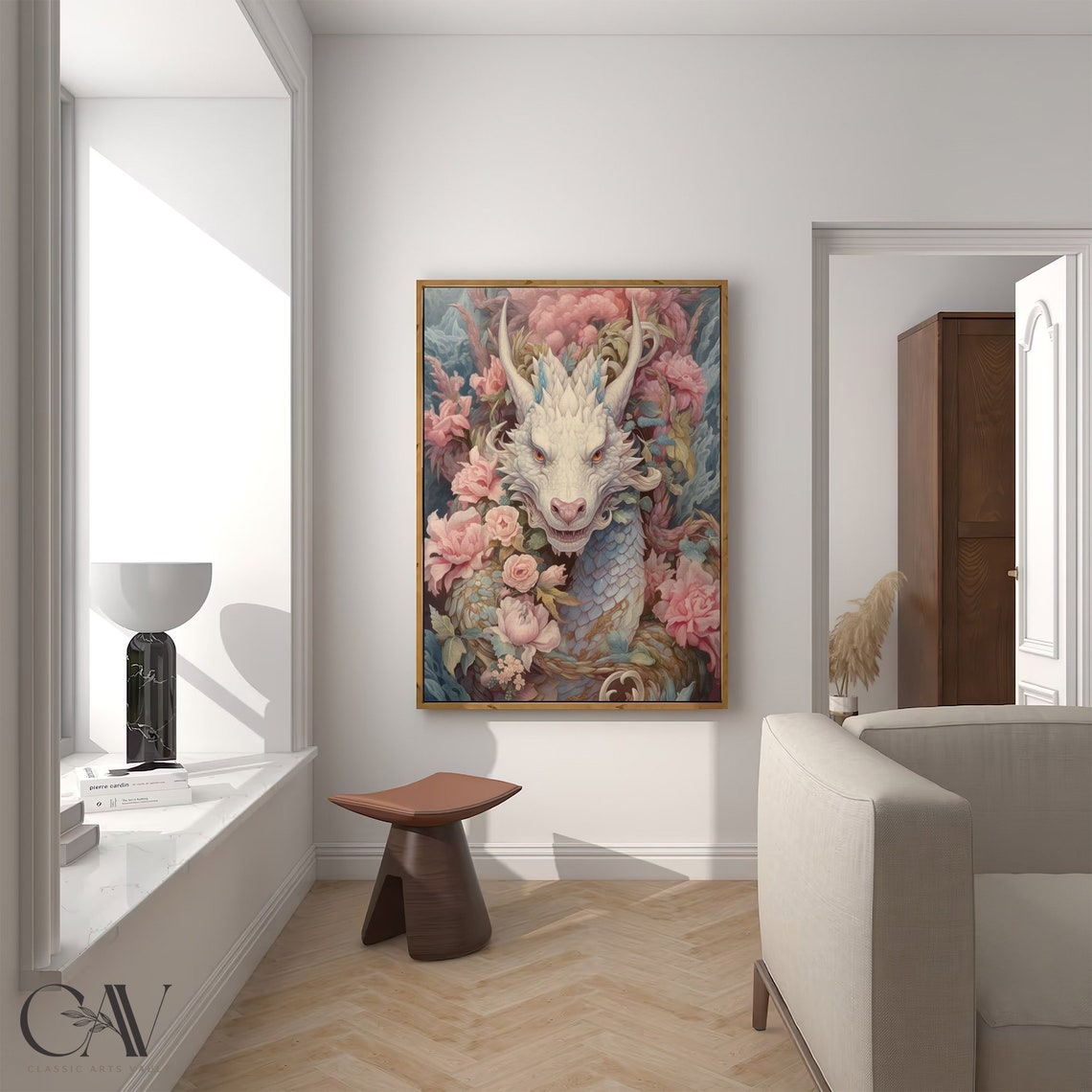 White Dragon Among Pink Peonies Coquette Rococo Fantasy Poster