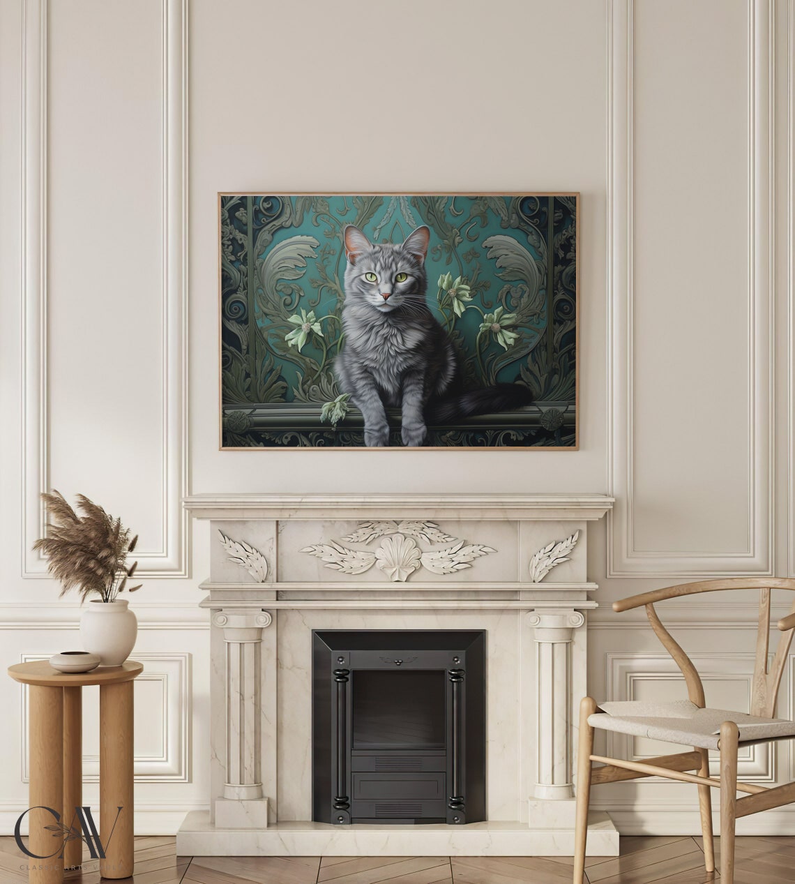Gray Cat Resting Before a Teal Botanical Morris Inspired Wall Art - Image 3