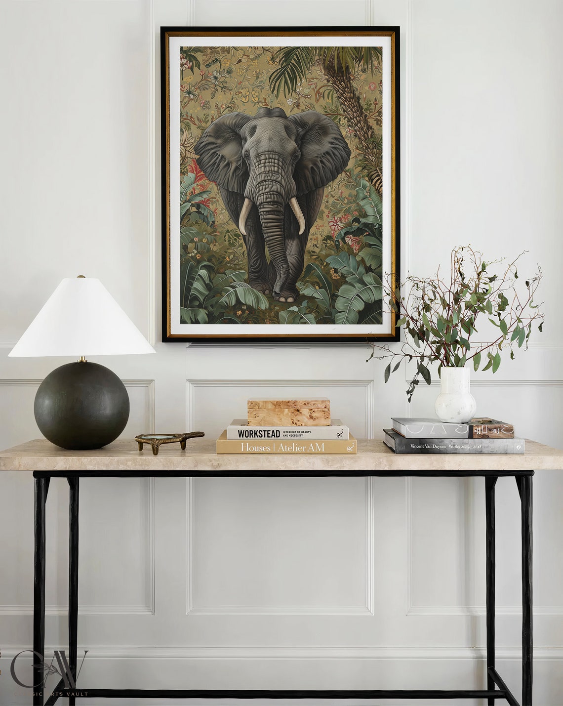 African Elephant in Lush Jungle Floral Wallpaper Style Poster - Image 4