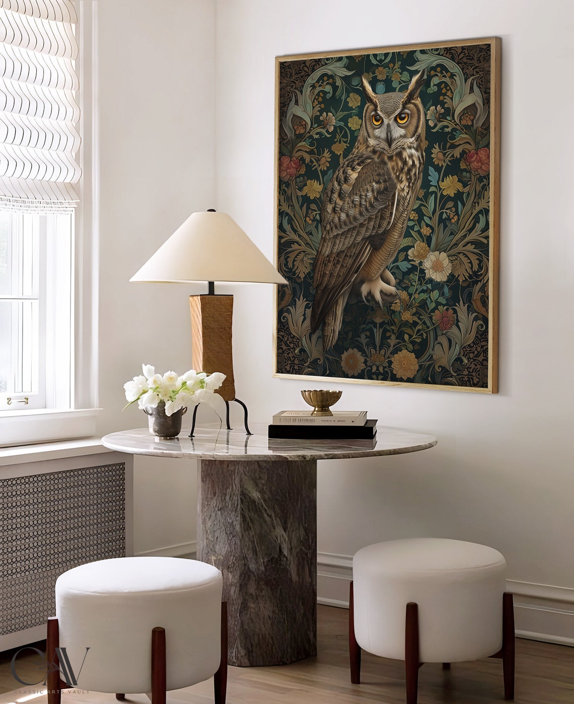 Great Horned Owl Perched Among Dark Vintage Floral Tapestry Poster - Image 4
