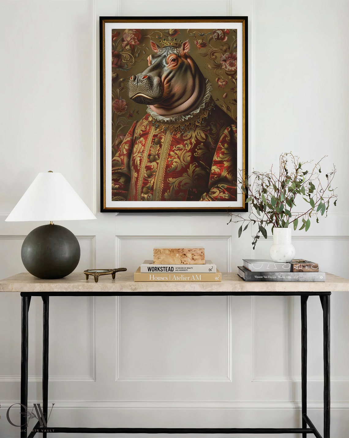 Crowned Hippo King Renaissance Portrait Red Brocade Animal Poster - Image 4