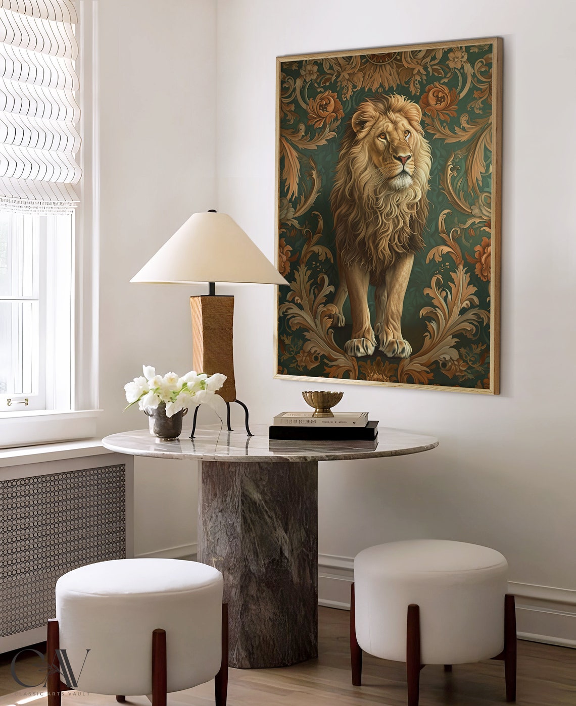 Standing Lion with Flowing Mane on Dark Baroque Damask Poster - Image 4