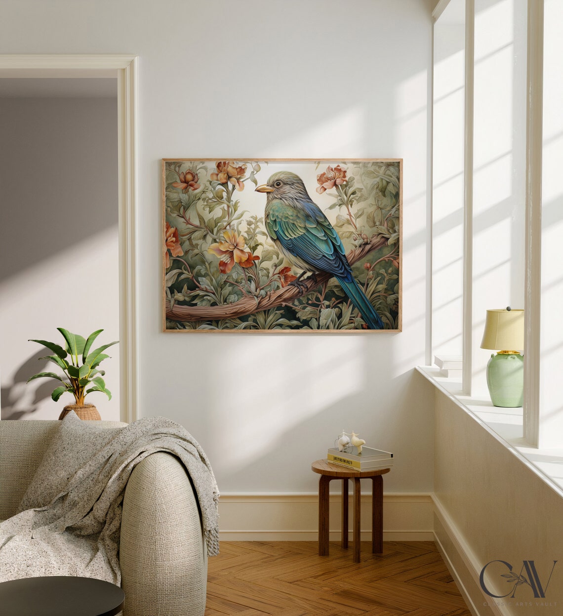 Teal Bird on a Branch Among Blush Blossoms Botanical Wall Art