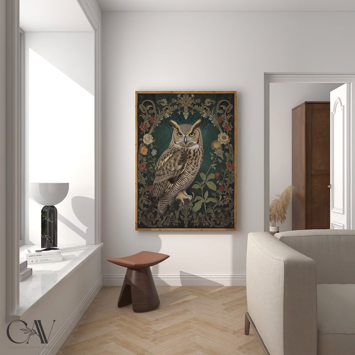 Great Horned Owl Centered In Ornate Dark Floral Frame Poster