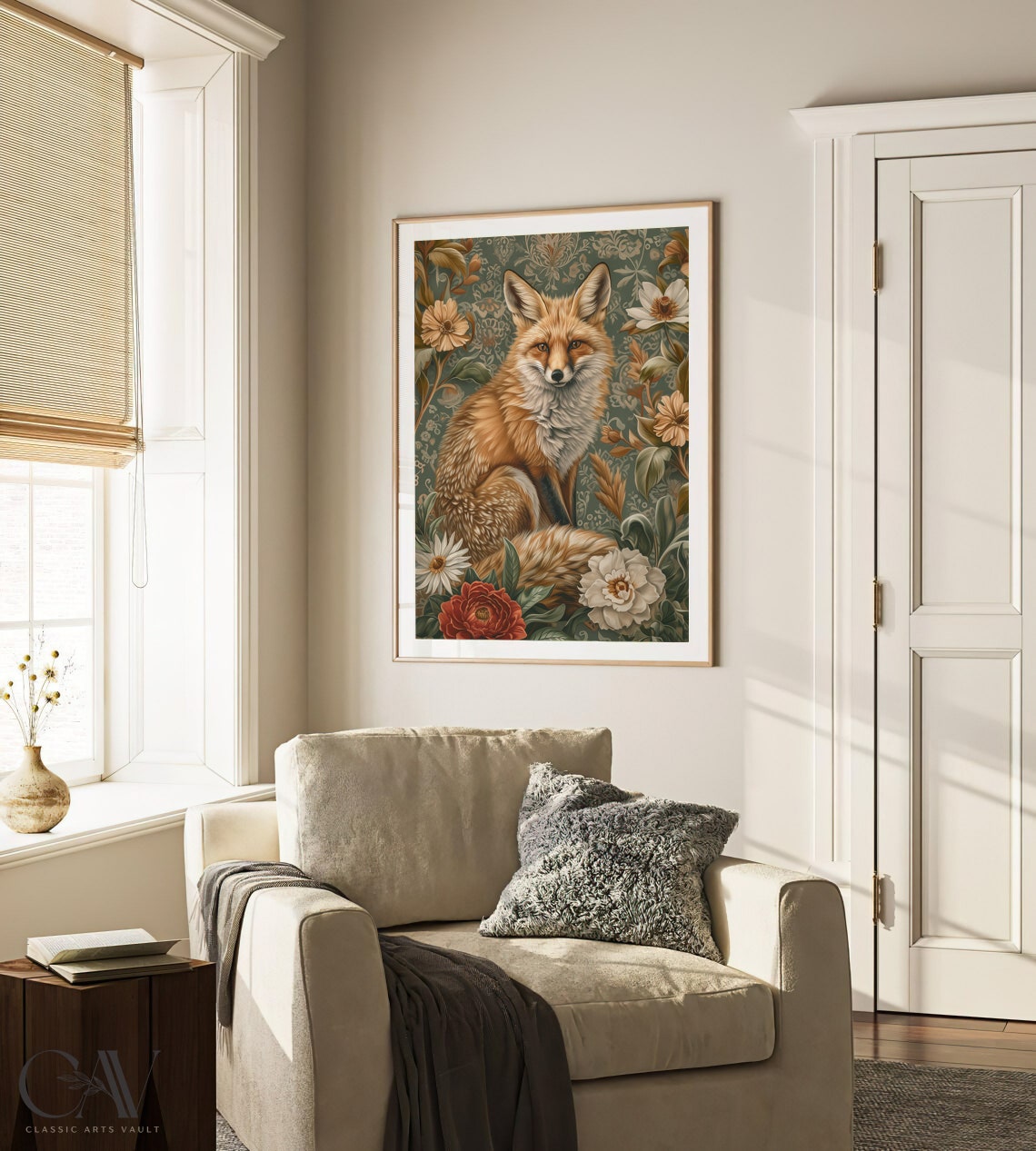 Red Fox Portrait Facing Forward With Cream Daisies on Green Art Poster - Image 3