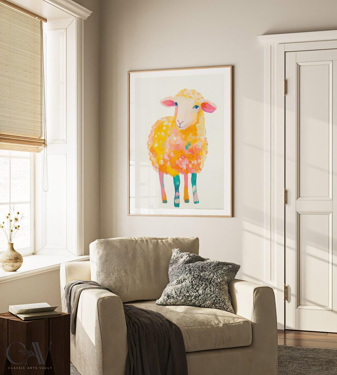 Cheerful Yellow Sheep Painting with Teal Legs Nursery Art Poster - Image 2
