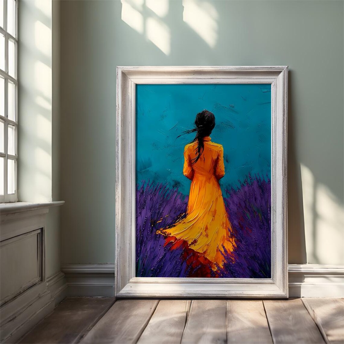 Woman in Orange Dress in Lavender Field Impasto Oil Art Poster - Image 3