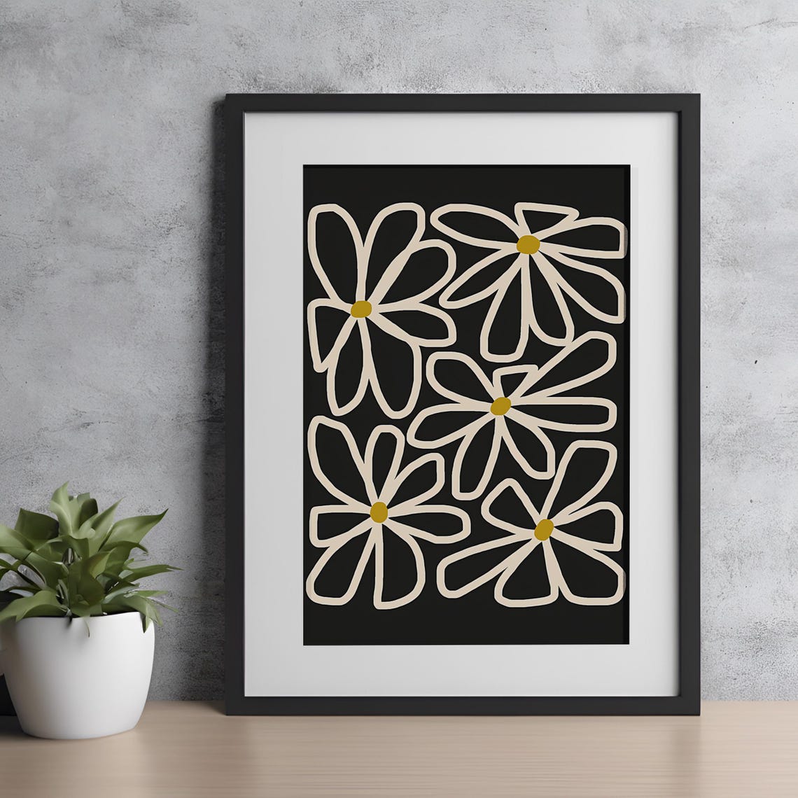 Minimalist Cream Line Daisies on Black Modern Botanical Poster - Image 2