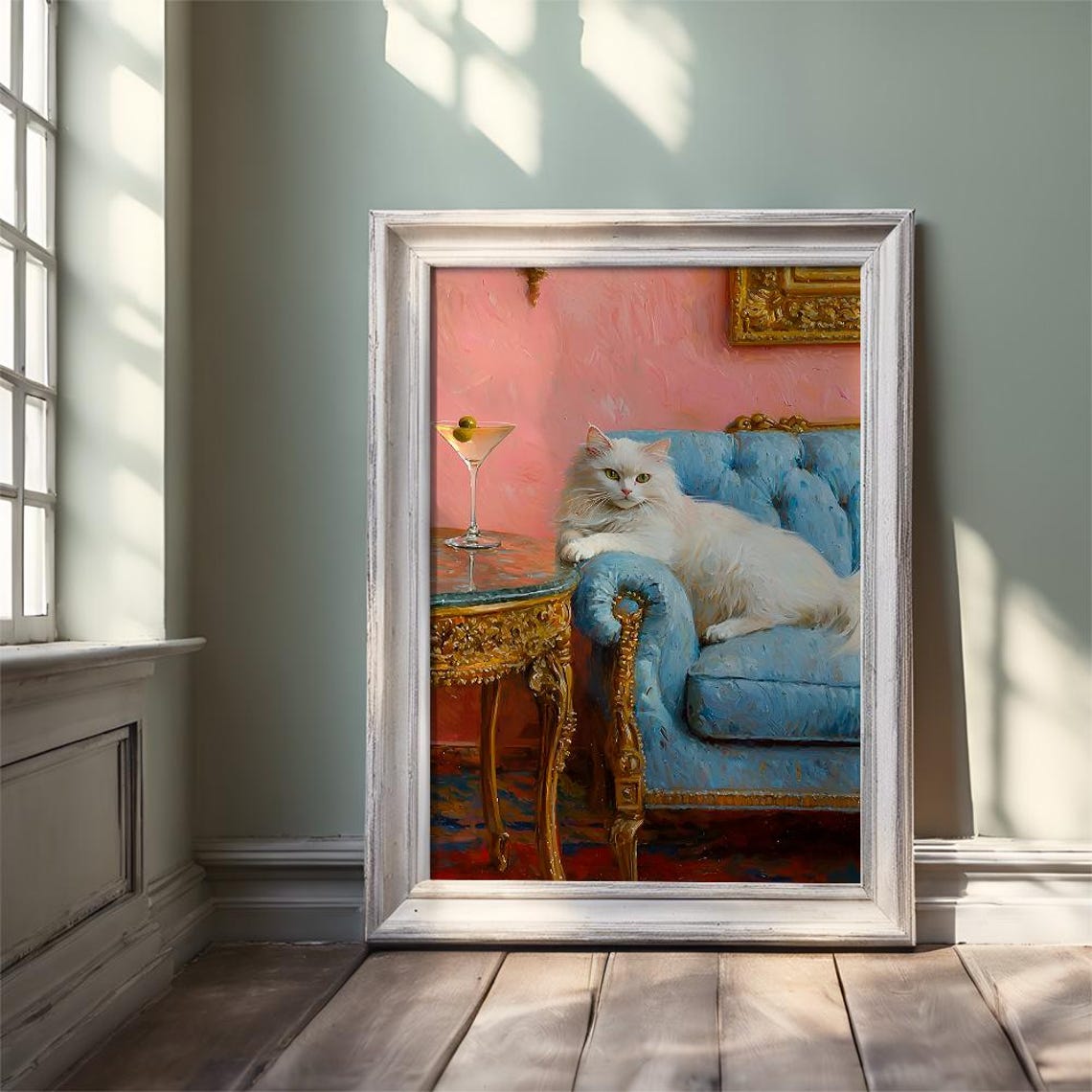 Elegant White Cat Lounging on Blue Velvet Sofa Martini Night Poster - Image 3