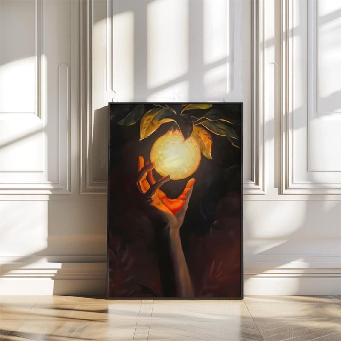 Hand Reaching for Glowing Orange Fruit in the Dark Art Poster - Image 2