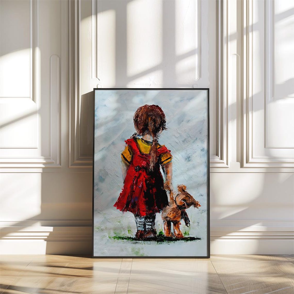 Little Girl in Red Dress With Teddy Bear Nostalgic Art Poster - Image 3