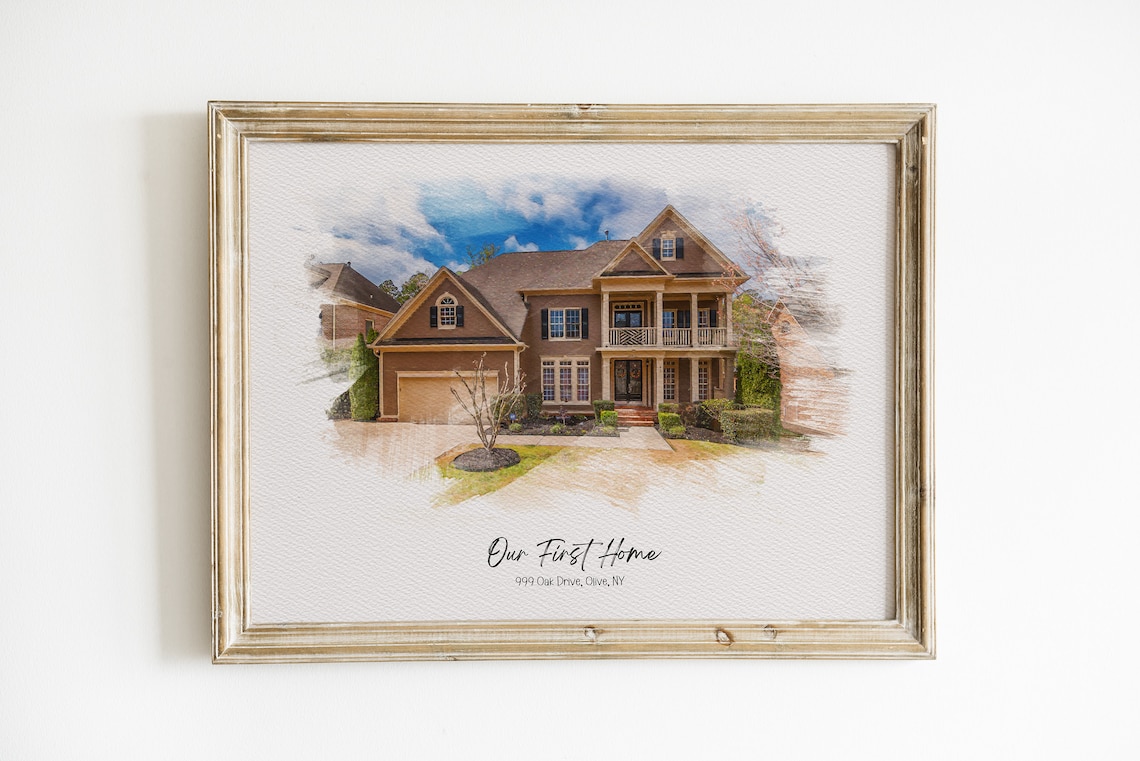 Our First Home Olive NY Bright Sky Watercolor House Portrait Poster - Image 5
