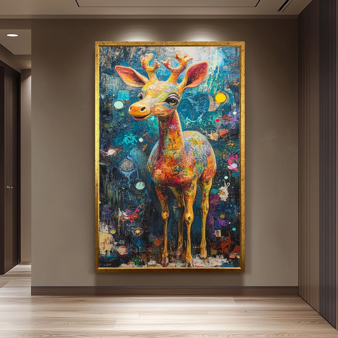 Colorful Surreal Giraffe with Antlers Abstract Fantasy Art Poster