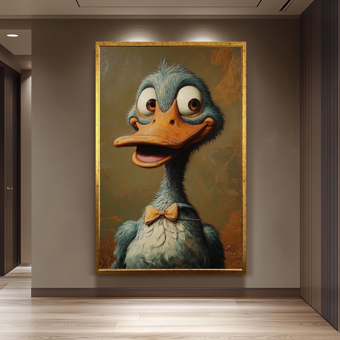 Funny Blue Duck with Bow Tie Surreal Oil Painting Animal Poster