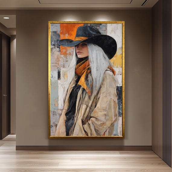 Abstract Cowgirl Oil Painting Canvas Art Western Style Decor For Living Room Office Or Ranch Home Unique Gift Country And Lovers