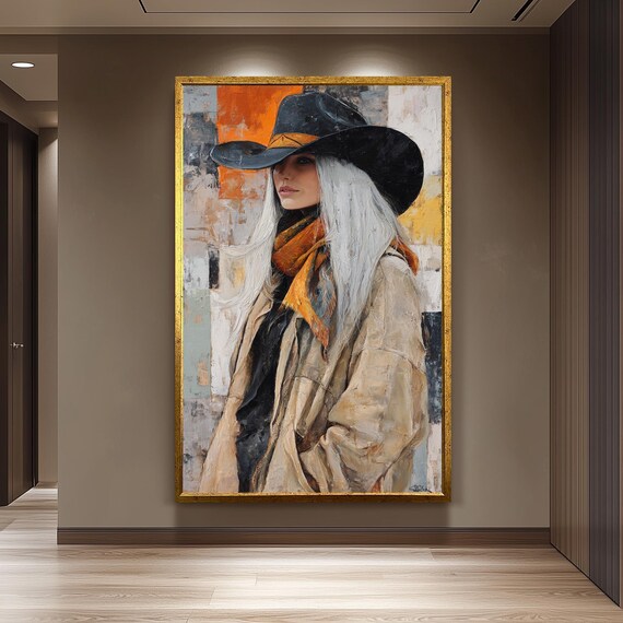 Blonde Cowgirl Black Hat Abstract Oil Painting Western Woman Poster
