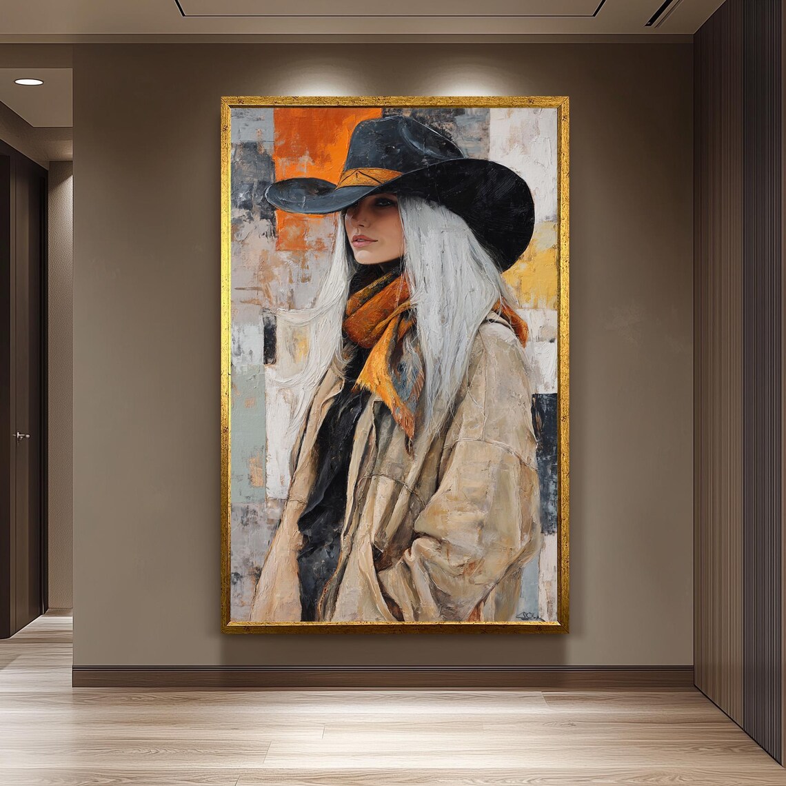 Blonde Cowgirl Black Hat Abstract Oil Painting Western Woman Poster