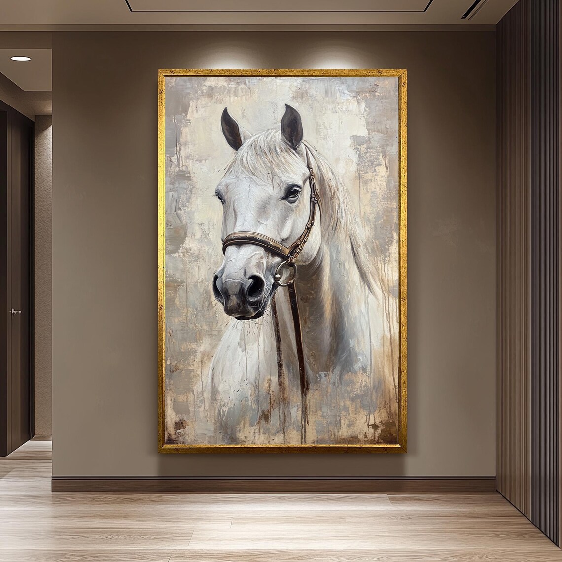 Elegant White Horse Oil Painting Realistic Equestrian Portrait Poster
