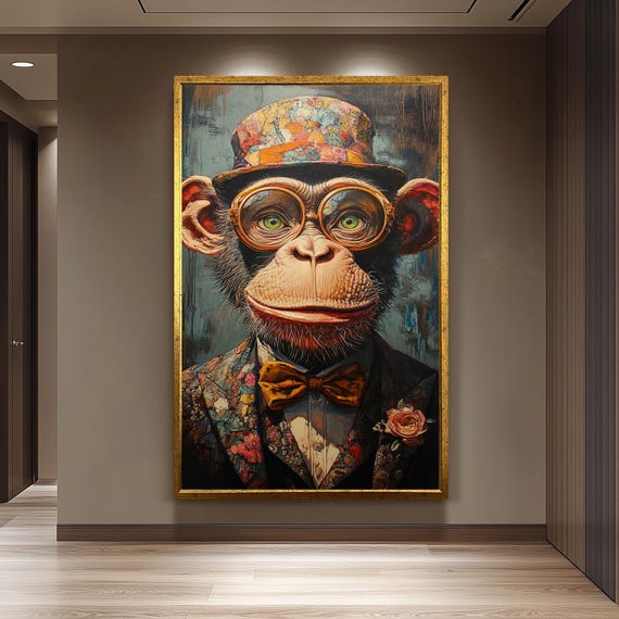 Dapper Monkey Canvas Wall Art Print Surreal Chimp Portrait For Office Study Or Living Room Fun Animal Decor And Unique Gift Lovers