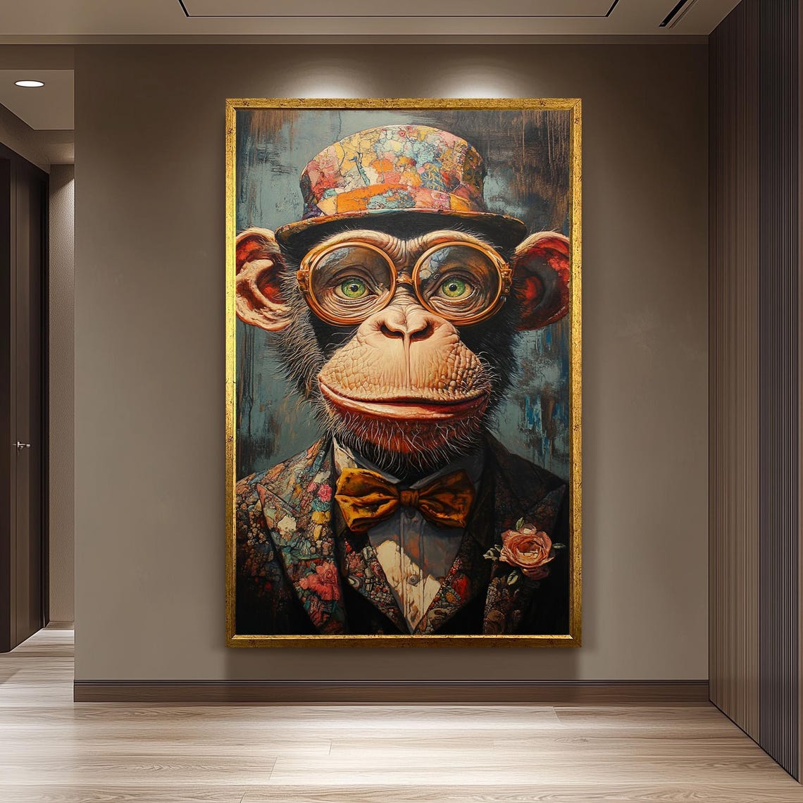 Dapper Chimp Portrait Floral Suit Bow Tie and Round Glasses Poster