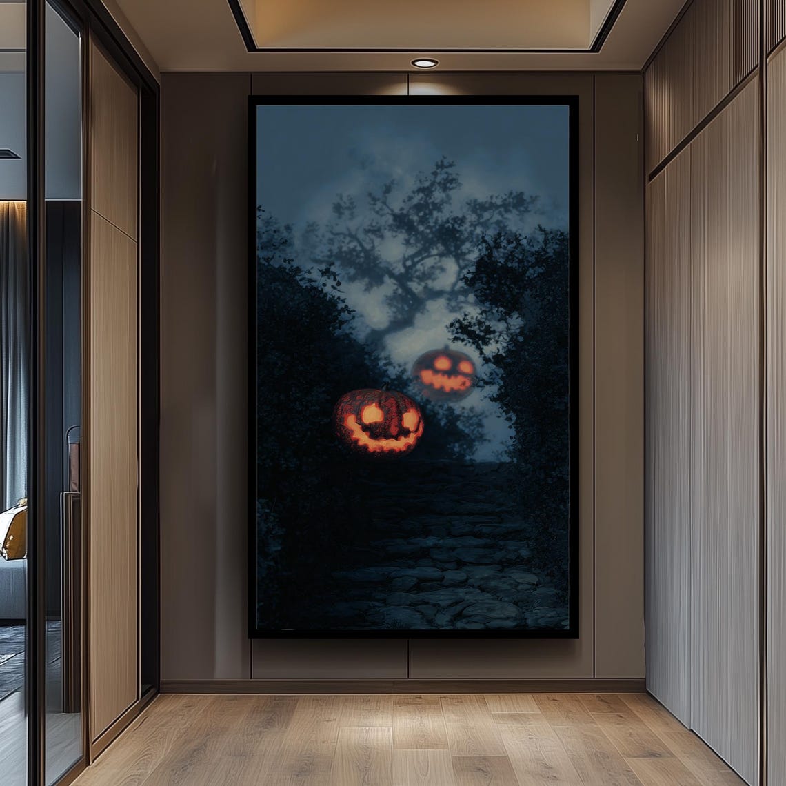 Smiling Jack O Lanterns on Misty Stone Steps in a Dark Forest Poster