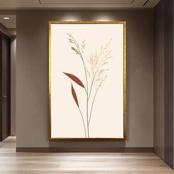 Botanical Wall Art Handdrawn Dried Grass Illustration Beige Brown Nature Decor