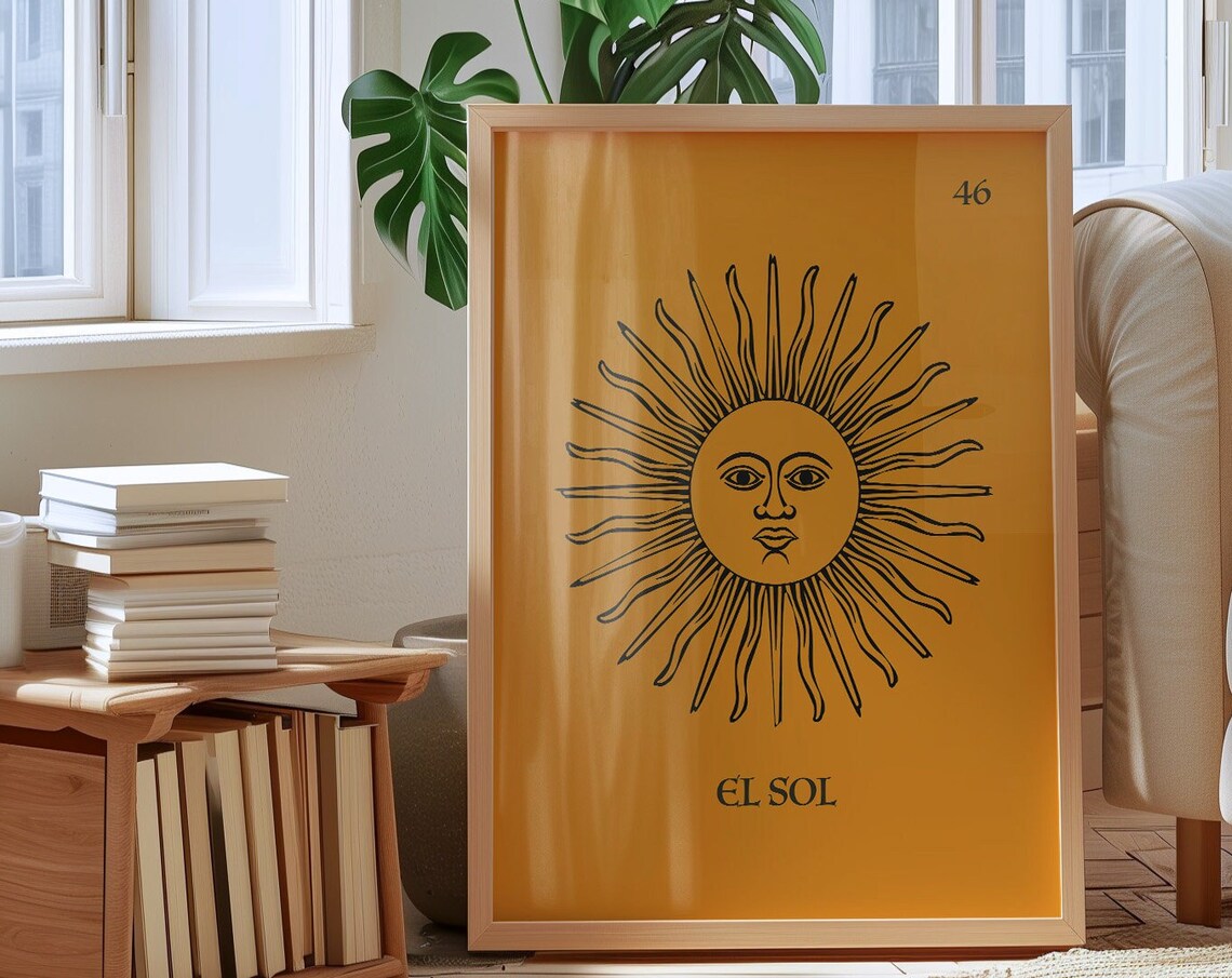 El Sol Mexican Loteria Sun Face Number 46 Mustard Yellow Poster