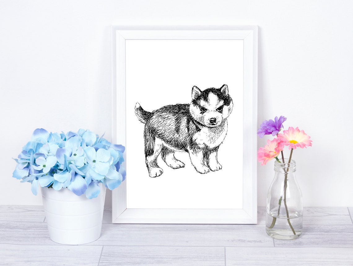 Husky Puppy Ink Drawing Black and White Cute Dog Nursery Poster