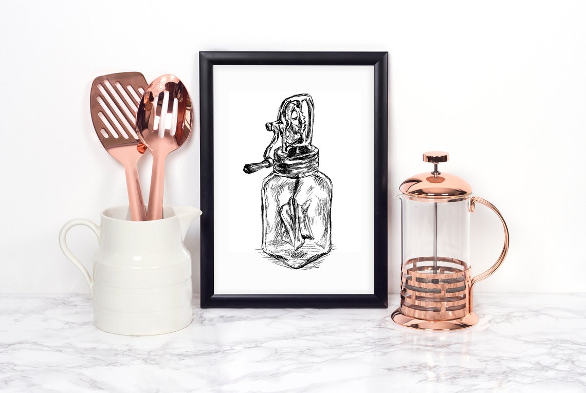 Antique Butter Churn Pen Sketch Rustic Kitchen Jar Art Poster - Image 2