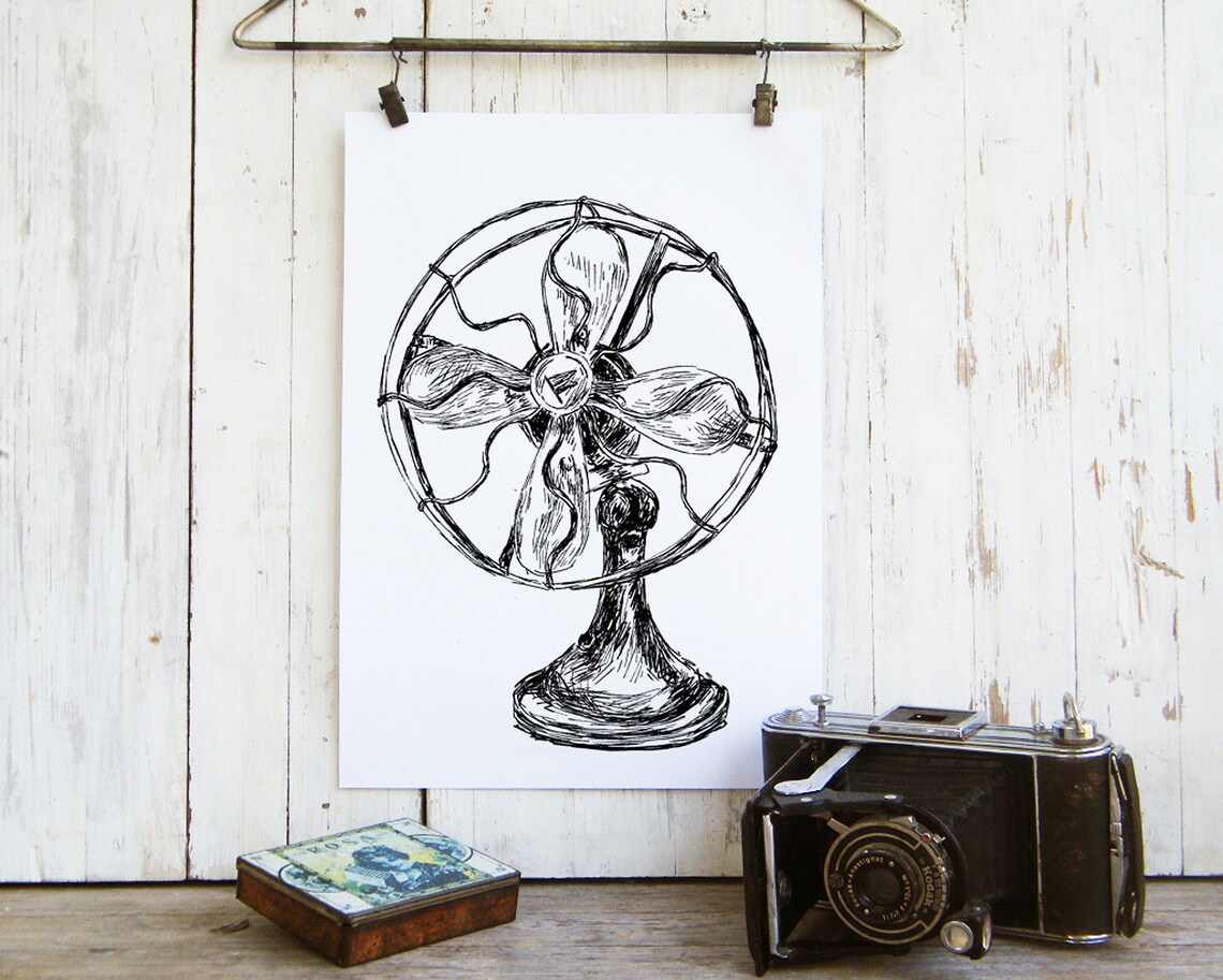 Vintage Electric Fan Ink Sketch Retro Desk Fan Line Drawing Poster