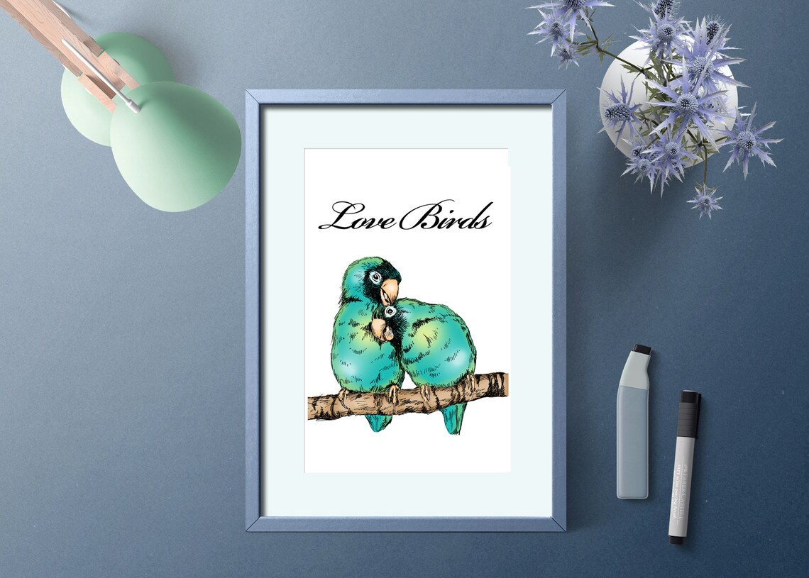 Love Birds Snuggling Lovebird Pair Watercolor Branch Art Print