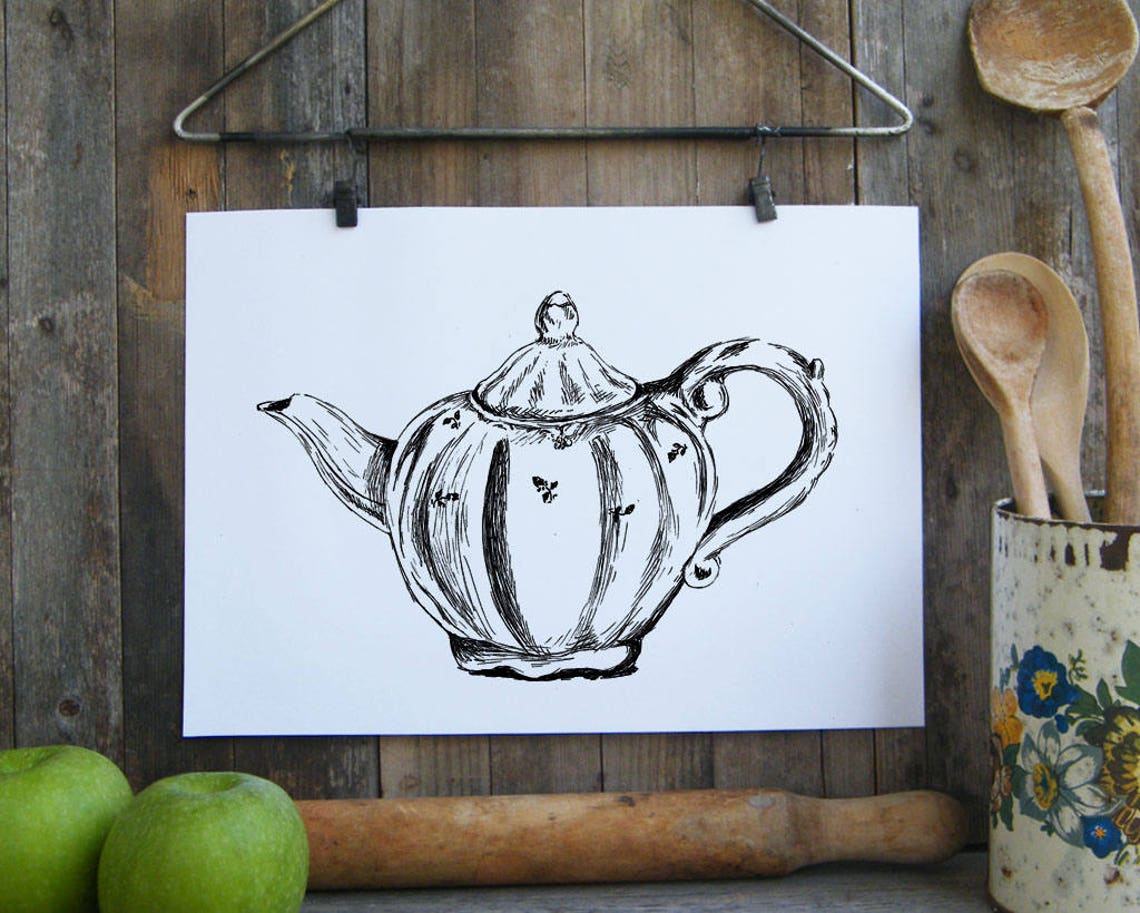 Black and White Antique Teapot Ink Sketch Kitchen Decor Poster