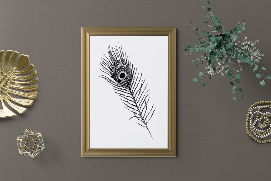Black and White Peacock Feather Ink Sketch Minimalist Art Poster