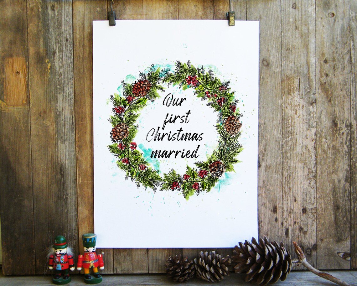 Our First Christmas Married Watercolor Wreath Holiday Poster