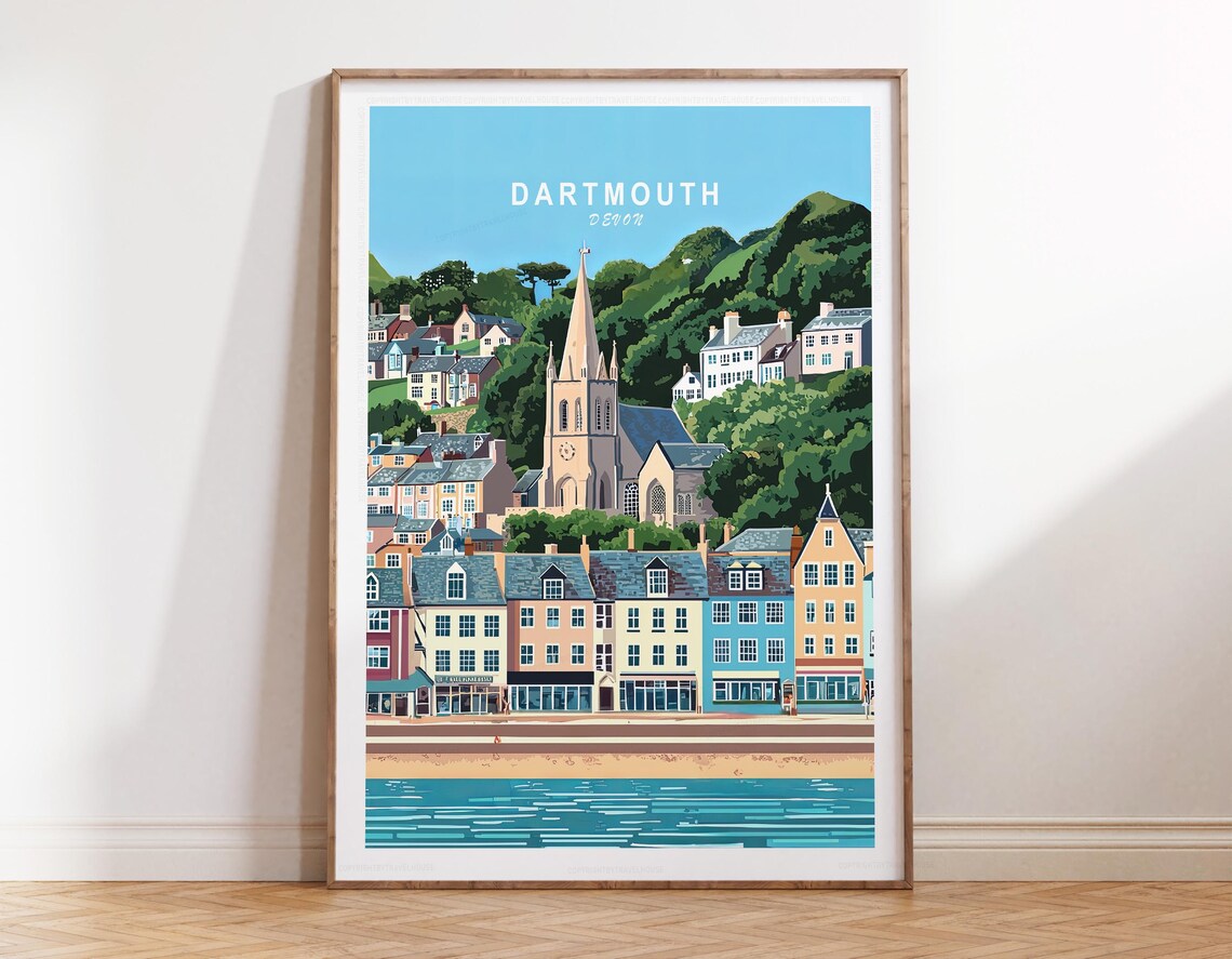 Dartmouth Devon Travel Poster Harbor View with Town Church Spire