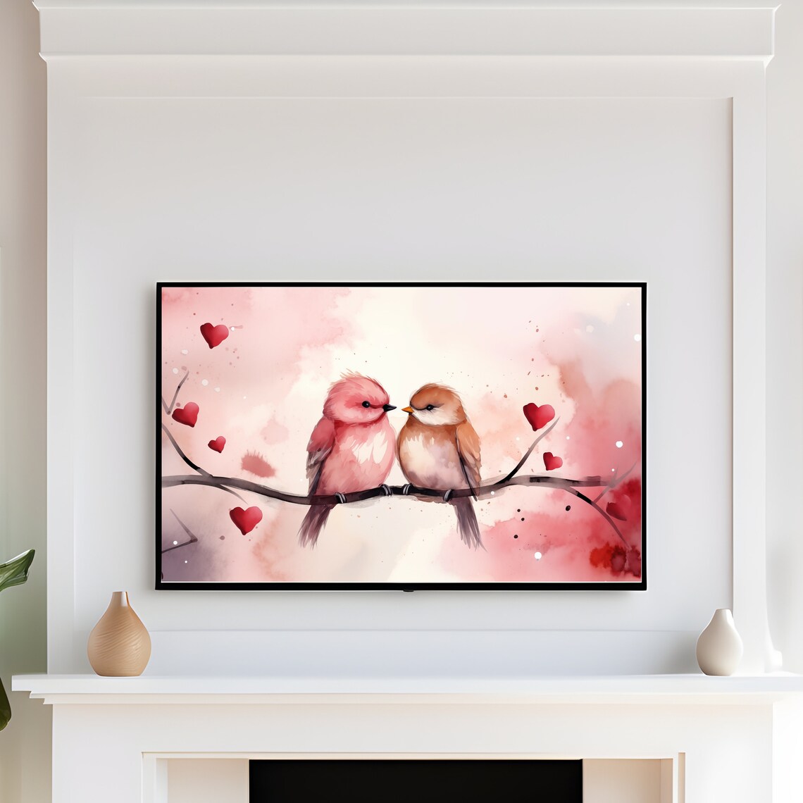 Love Birds Branch Red Hearts Watercolor Romantic Valentine Art Print