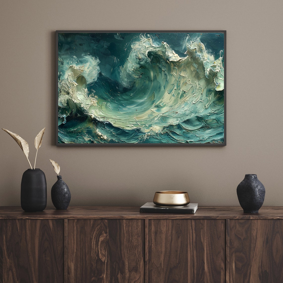 Dark Teal Ocean Wave Dramatic Impasto Textured Seascape Poster - Image 2
