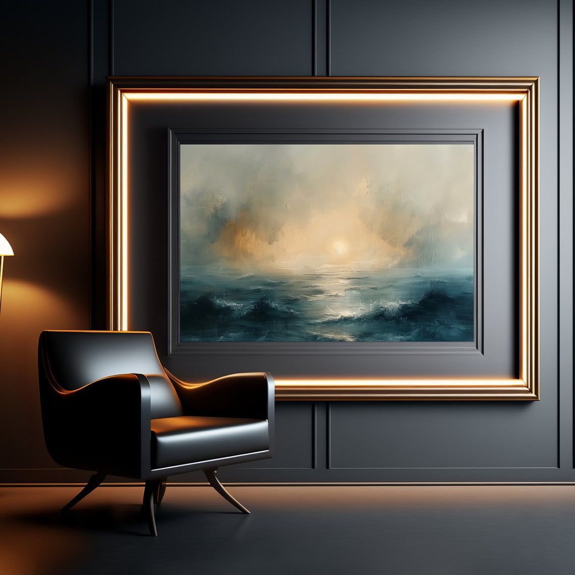 Moody Sunset Ocean Seascape Dark Waves Golden Light Oil Poster - Image 3
