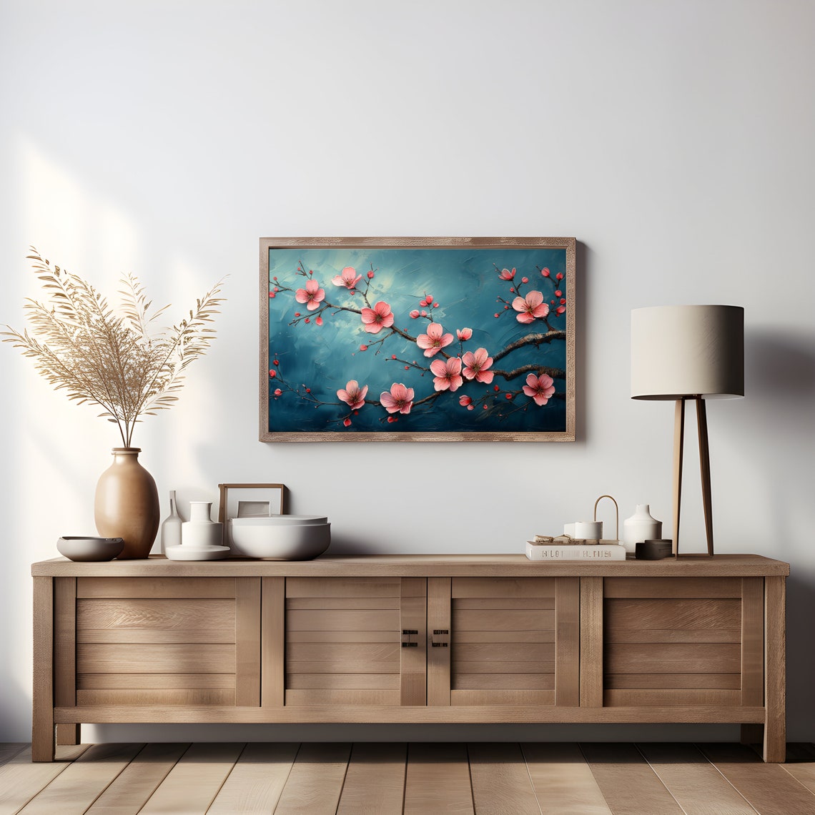 Blush Pink Blossom Branch Teal Blue Floral Art Painting Poster - Image 4