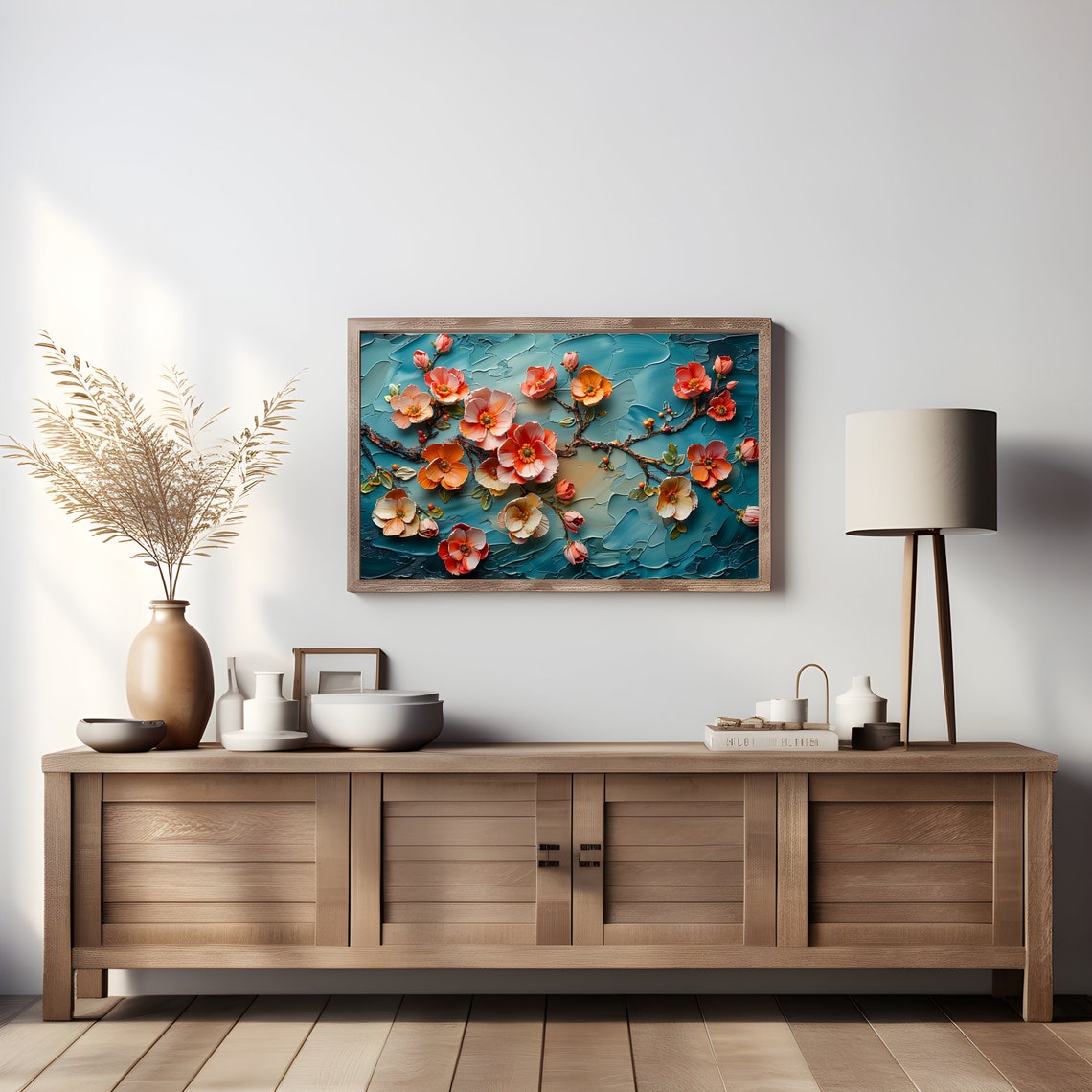 Coral Blossom Branch Textured Impasto Teal Background Art Poster - Image 4
