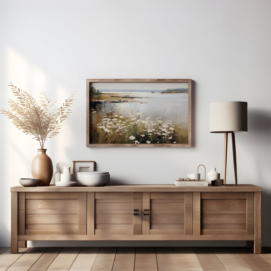 Coastal Daisies Calm Water Lake Misty White Wildflower Art Print - Image 4