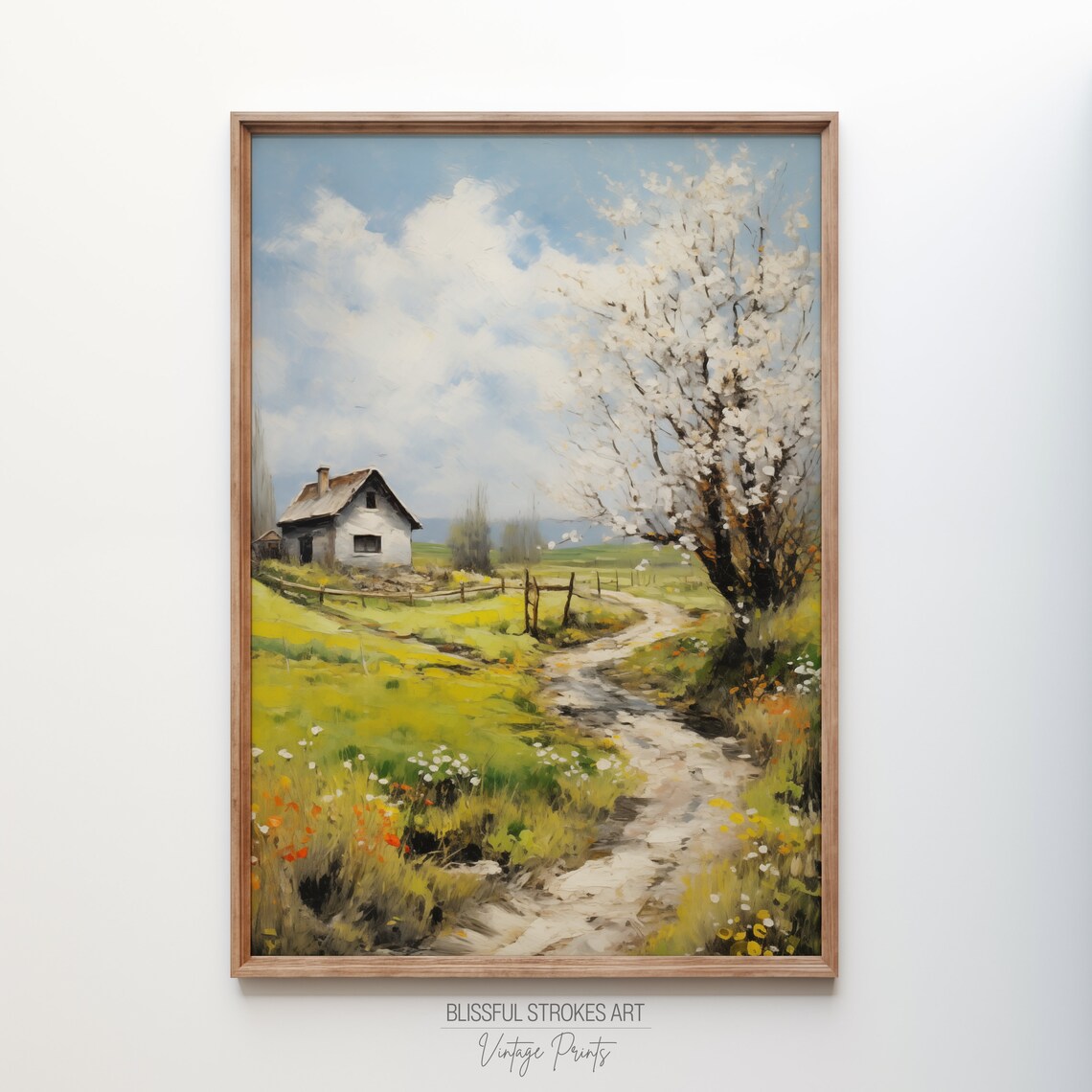 Vintage Village Cottage Blooming Tree Spring Oil Painting Poster