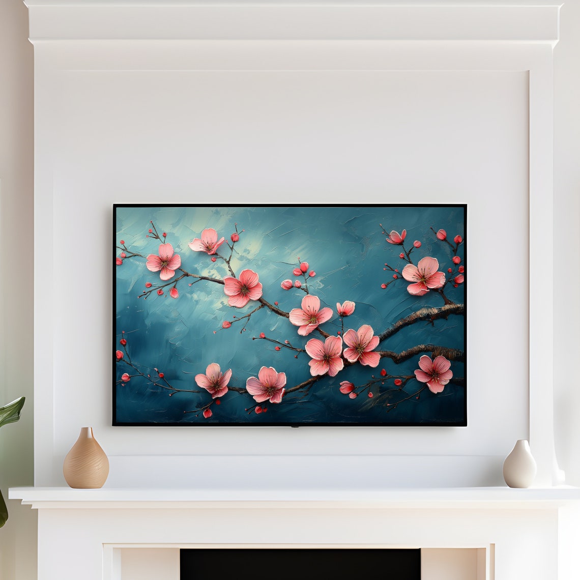 Pink Sakura Blossom Dark Teal Textured Japanese Spring Art Print - Image 3