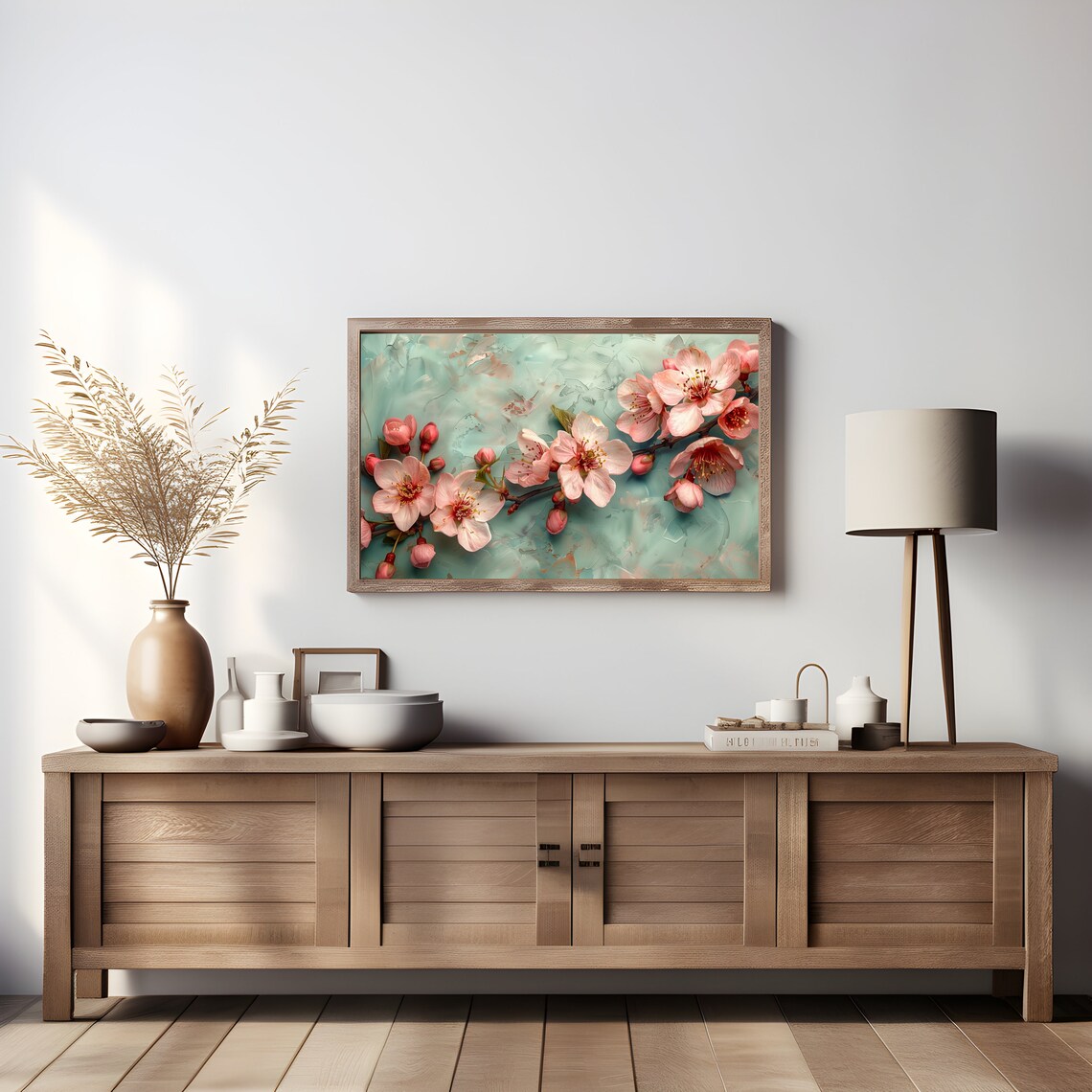Cherry Blossom On Mint Green Textured Floral Painting Poster - Image 4