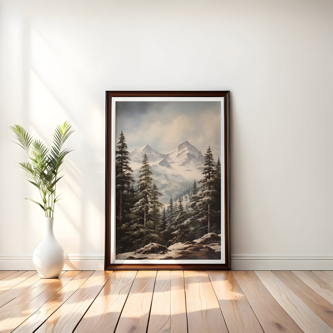 Snowy Mountain Peaks Pine Trees Vintage Oil Painting Landscape Print