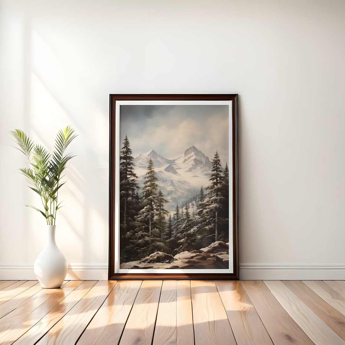 Vintage Landscape Snowy Pine Trees Intricate Detail Oil Painting Snowy Mountain Landscape Winter Wonderland Christmas Art