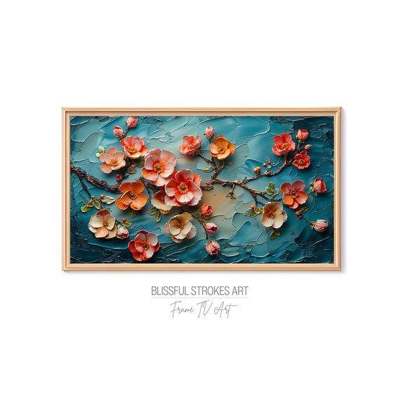 Cherry Blossom Branch Textured Impasto Teal Sakura Painting Print