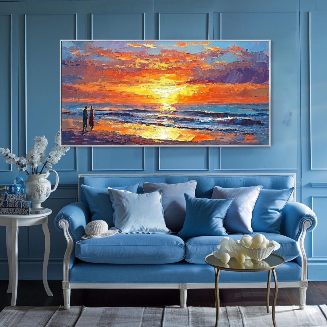 Romantic Couple Beach Sunset Golden Ocean Waves Impasto Wall Art - Image 3