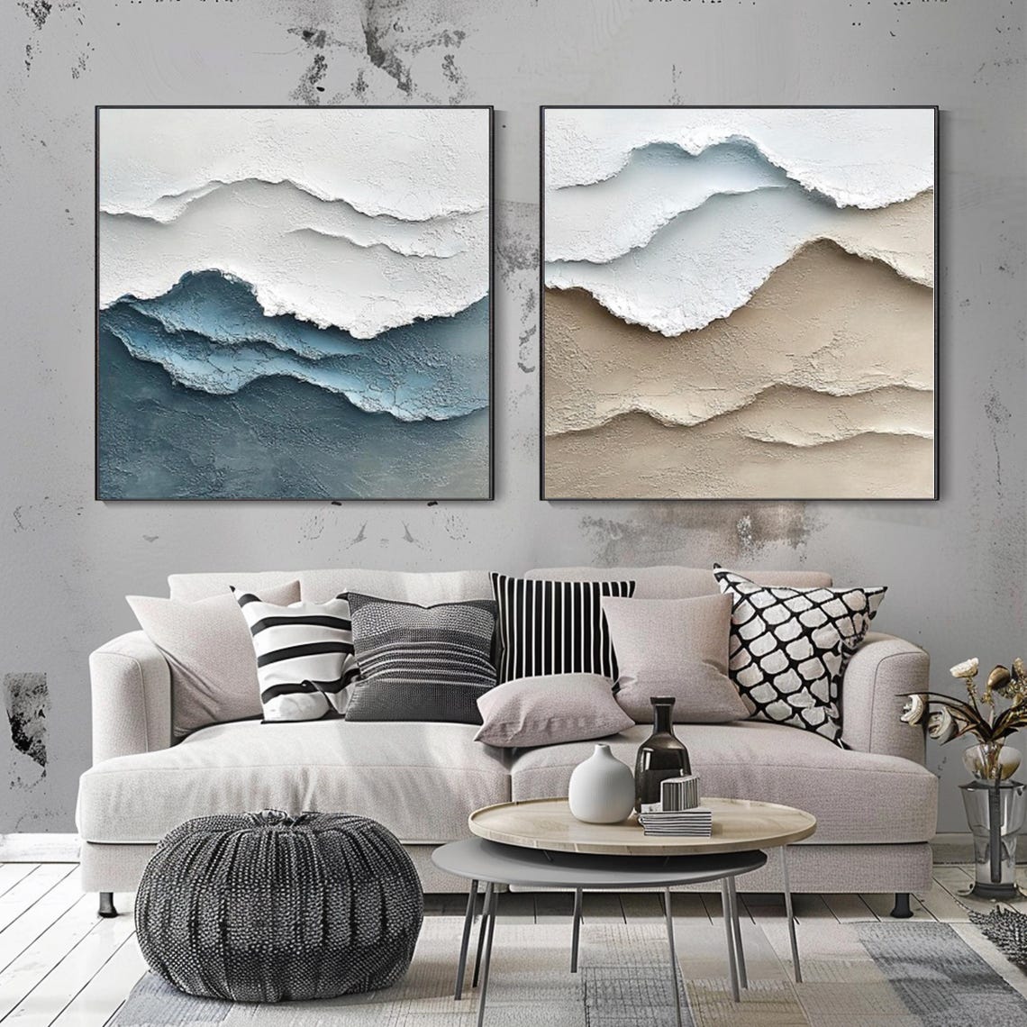 Minimalist Wave Pair Blue Grey Beige Wabi Sabi Style Art Poster - Image 4